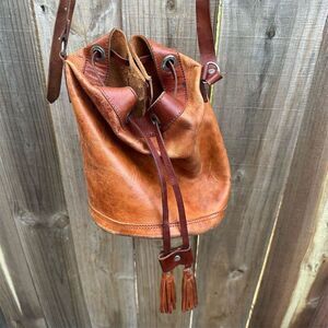 Vintage Handmade Leather Bucket Bag Brown Tassel Boho Chic Medium